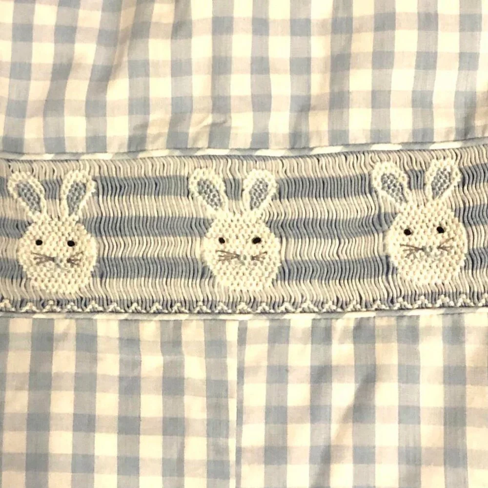 New CLASSIC WHIMSY Blue Gingham Embr Bunny Smocked Longall Romper 18M